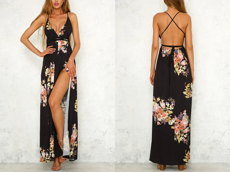 Summer Floral Print Boho Maxi Dress Women Deep V-Neck Sleeveless Spaghetti Strap Split Backless Chiffon Long Dresses (5)