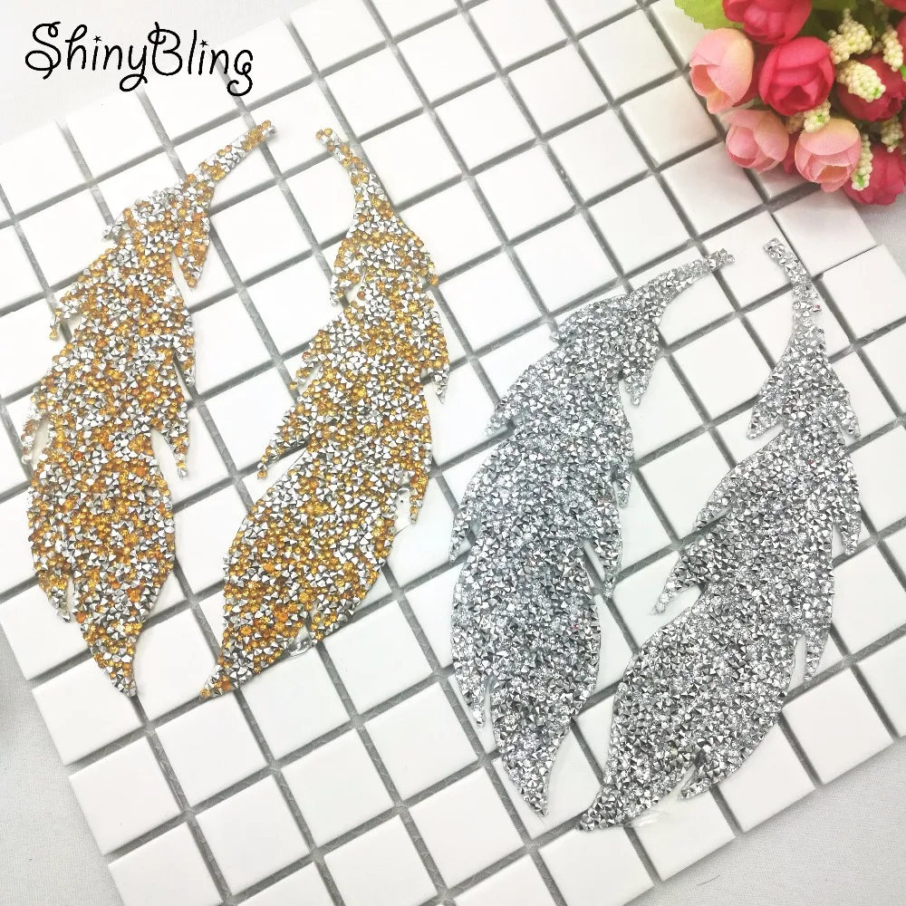 

2018 New Fun Rhinestones Leaves feather Embroidered Patch Iron on Sewing Crystal Applique For Jeans Clothing Decorations