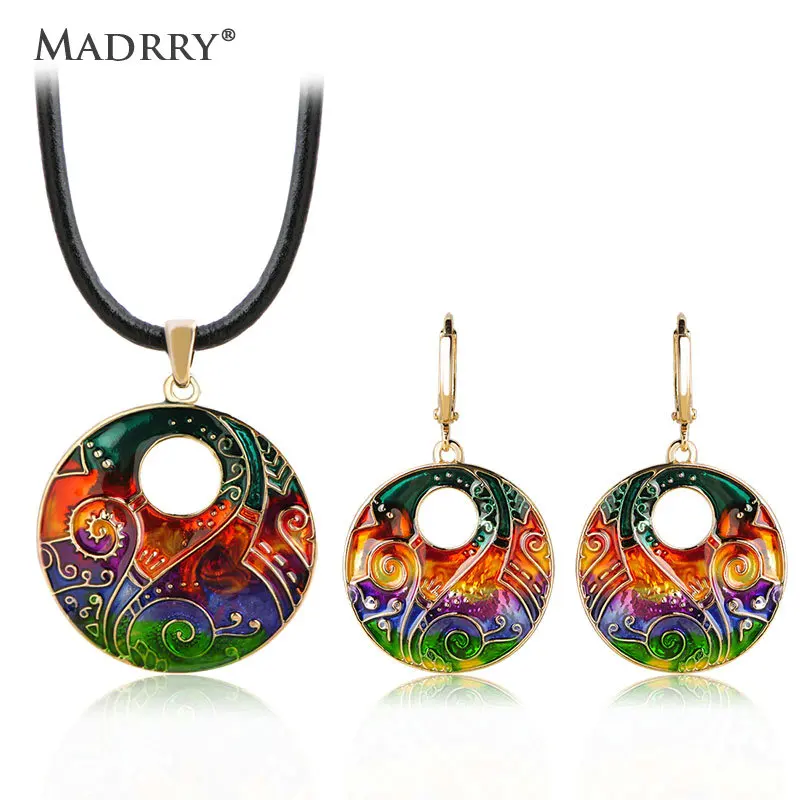 

Madrry Enamel Round Circle Jewelry Sets for Women Pendant Necklace & Earrings Leather Chain Vintage Feminino Aretes 3 Colors