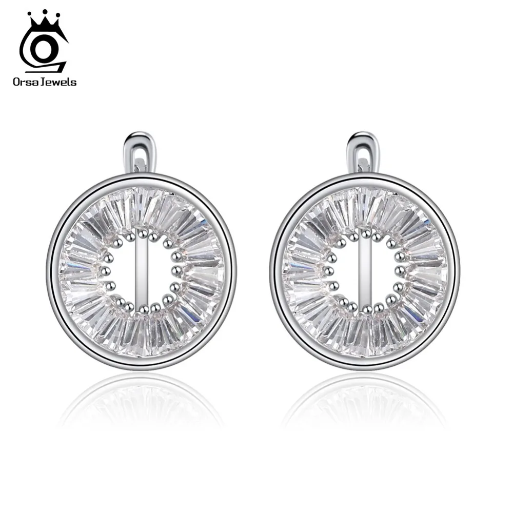 

ORSA JEWELS Silver Stud Earrings For Women Round Shape Hollow Design AAA Cubic Zircon Small Fashion Earring Girl's Jewelry OE184