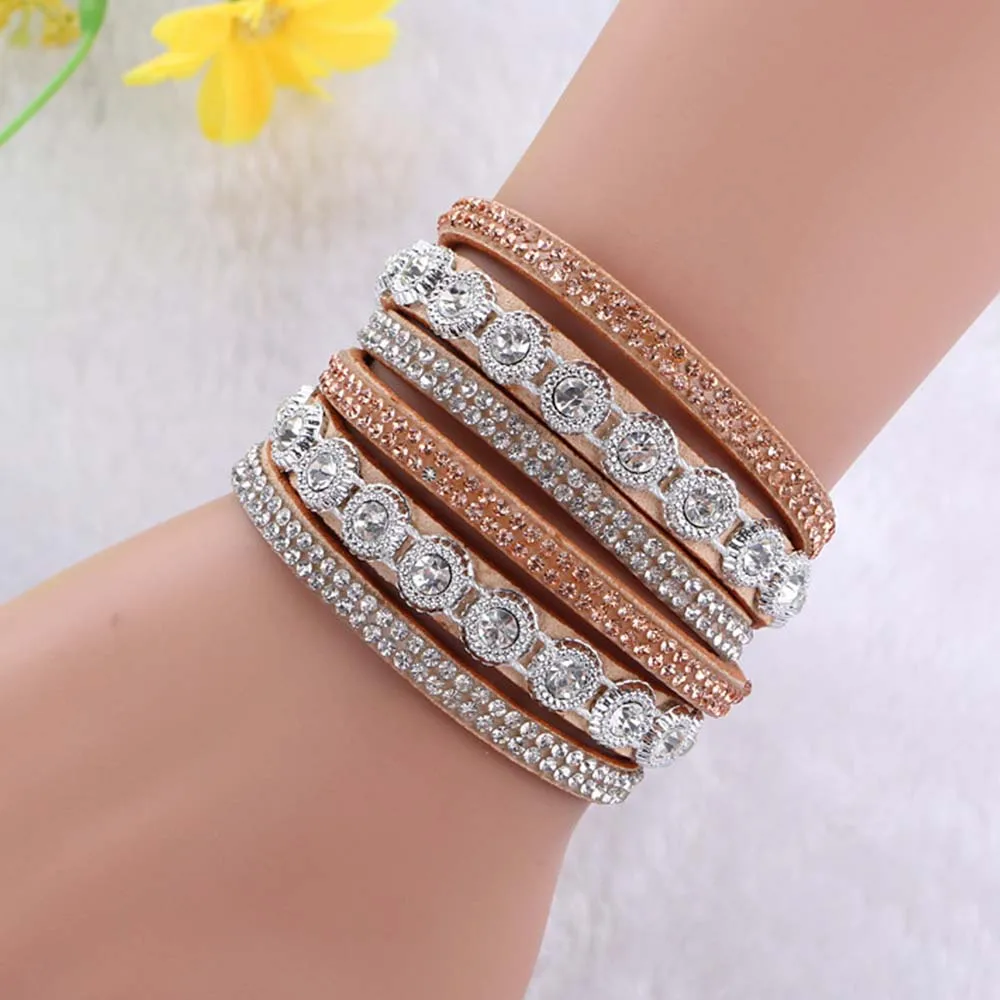 

European American Handmade Multi-layer Rhinestone Leather Bracelets and Bangles for Women Geometric Colorful Female Bracelets