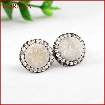 

BOROSA Round Natural Crystal Titanium AB Druzy Stud Earrings Natural Quartz With Black Gun ZC Stone Stud Druzy Earring JAB206