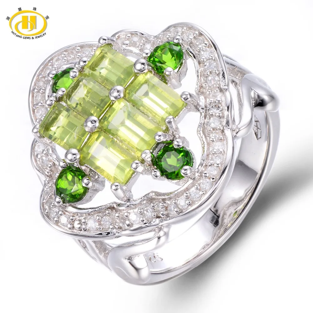 Hutang Genuine Peridot & Diopside Ring Solid 925 Sterling Silver Women's Natural Gemstone Fine Jewelry 2017 