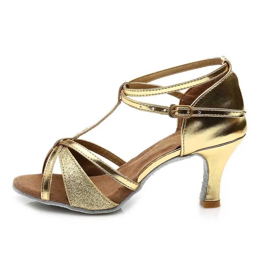 Качественная бальная профессиональная танцевальная обувь для латинских танцев для женщин/девочек/женщин Танго и сальса на высоком каблуке, домашняя танцевальная обувь из искусственной кожи/атласа - Цвет: 7cm Gold