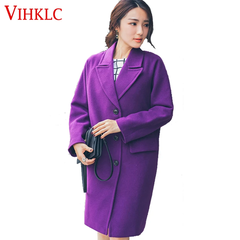 Women's Wool Coat 2016 Autumn Winter New Purple woolen coat Solid Cocoon Shape Outerwear Thicken
