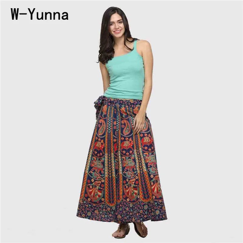 W-Yunna/Милая Юбка-миди с широким подолом, элегантные хиппи цыганские юбки в стиле бохо со шнуровкой и эластичной резинкой на талии, Faldas Mujer Moda