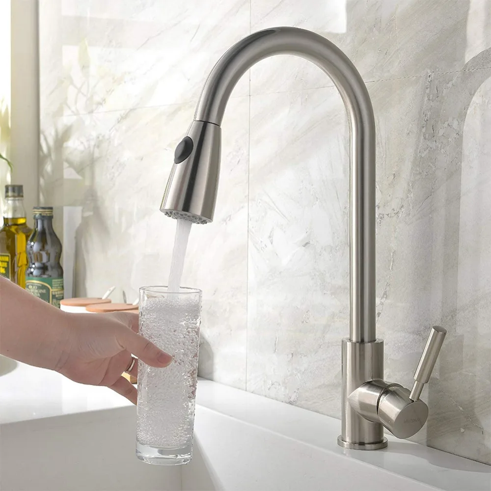Kitchen Faucets Silver Single Handle Pull Out Kitchen Sink Tap Single Hole Handle Swivel 360 Degree Rotation Water Mixer Tap