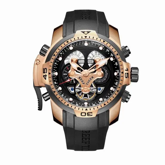 Reef Tiger/RT Mens Sport Watches with Complicated Dial Rose Gold Case  Automatic Military Watch with Rubber Strap RGA3503