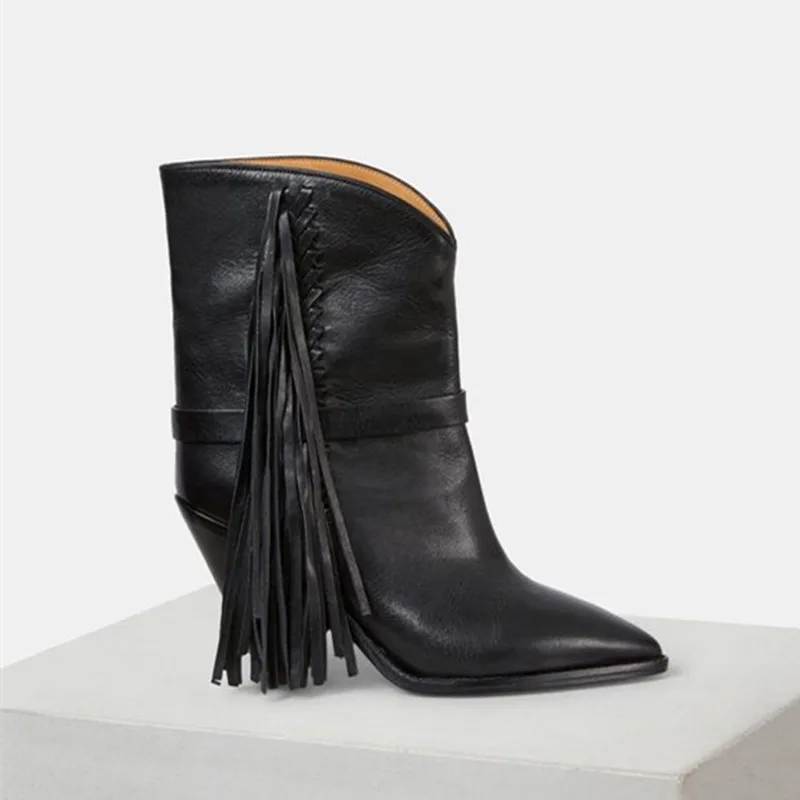 

Top Quality Leather Ankle Boots Fashion Designer Vertical Fringes To One Side Pointed Toe Supper Conical Heel High Women Shoes