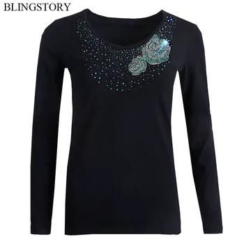 

BLINGSTORY Autumn Bead V Neck Long Sleeve T Shirts Women Plus Size Tops Diamond S-6XL