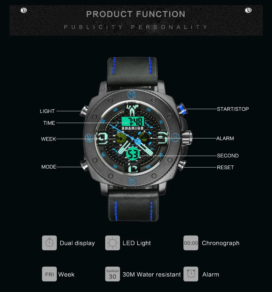 BOAMIGO Брендовые мужские спортивные часы модные кварцевые светодиодный цифровые наручные часы водонепроницаемые кожаные часы Reloj Hombre relogio masculino