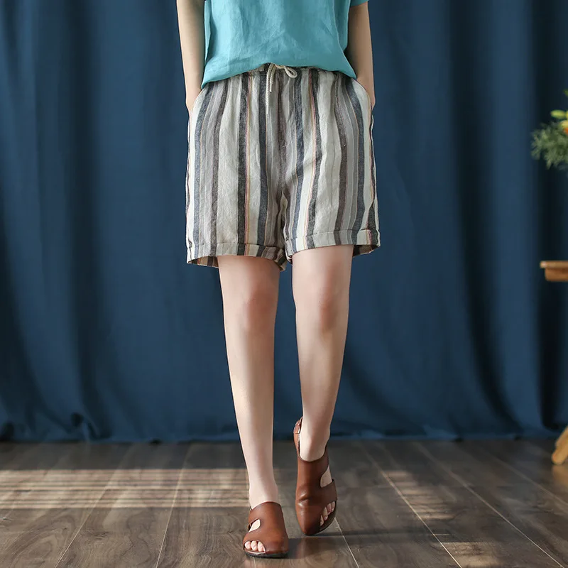 

BUYKUD Shorts Women Striped High Wide Leg Trendy Clothes Womens Summer Drawstring Waist Girl Simple All-match Shorts Female