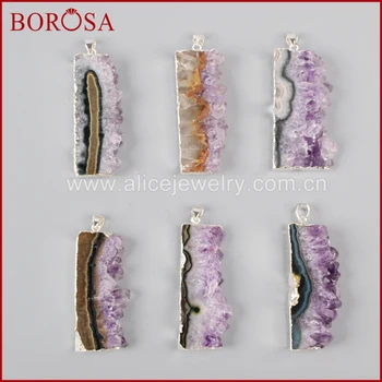 

BOROSA Wholesale Long Pure Silver Rectangle Natural Purple Crystal Druzy Crystal Beads Pendants Fashion Jewelry Gift SS019
