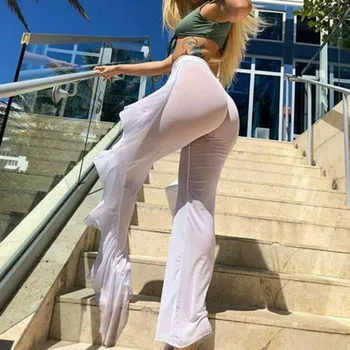 

Women Lace See-through Pants Bikini High Wais Cover Up Mesh Ruffle Bottoms Holiday Loose Long Flared Trousers Beachwear Swimwear