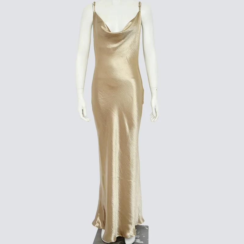 Пикантные элегантные воротник-хомут матовое золото с низким вырезом на спине вечерние платья, длинное, Длинные спагетти ремешки, платье-комбинация на шнуровке облегающие блестящая Макси платье для леди