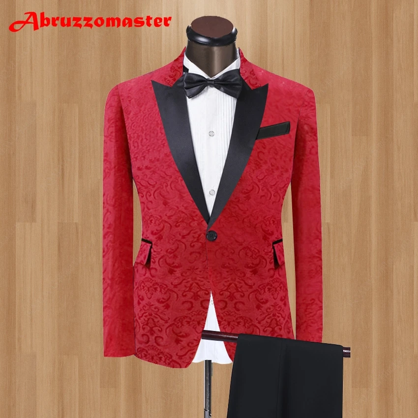 Пиджак с остроконечными лацканами смокинги для жениха жаккардовый тканый костюм на заказ мужской костюм красные/белые мужские спортивные пиджаки и черные брюки 2
