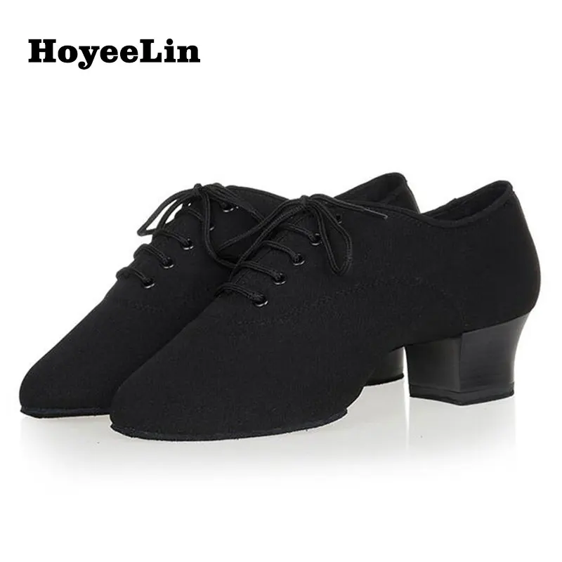 

Black Canvas Latin Ballroom Dance Shoes for Men Soft Indoor Split Sole Lace Up Salsa Dancing Shoes Heeled 4cm