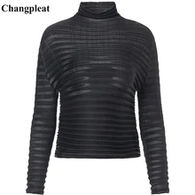Changpleat Весенняя Новинка черная Женская футболка Топы Miyak плиссированная модная дизайнерская Водолазка с длинным рукавом большая эластичная футболка