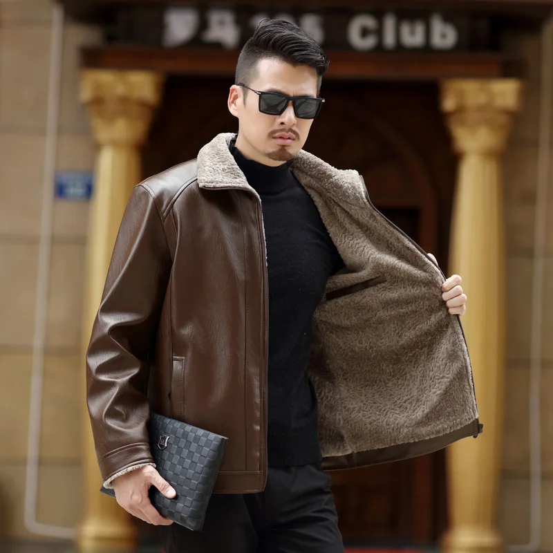 Promotion 2019 Brand New Men's Leather Jacket PU Coats Mens Brand Clothing Thermal Outerwear Winter Fur Male Fleece Leather Down Jackets