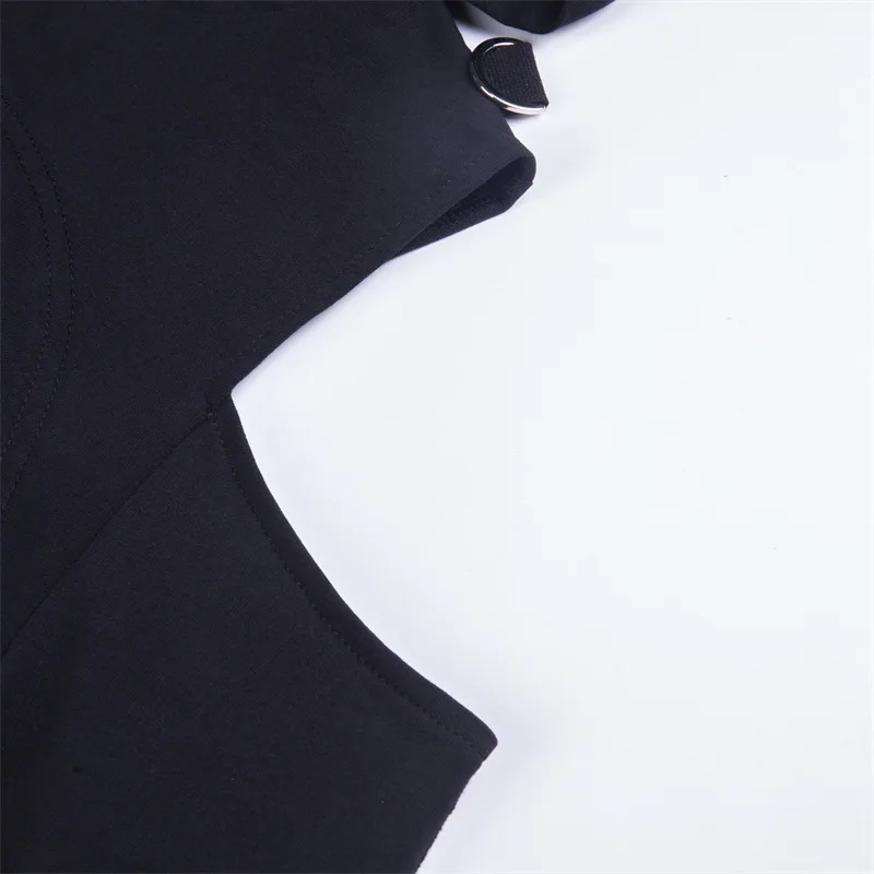 2019 Готический сексуальный кроп-топ металлические кольца повязки с открытыми плечами с длинными рукавами с шляпой в стиле панк черные