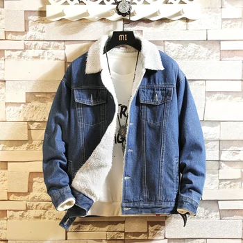 

Fashion Winter Men Jacket Blue Color Classical Keep Warm Coat Parka Men Denim Outwear Faux Wool Lamb Thick Velvet Jacket Hombre