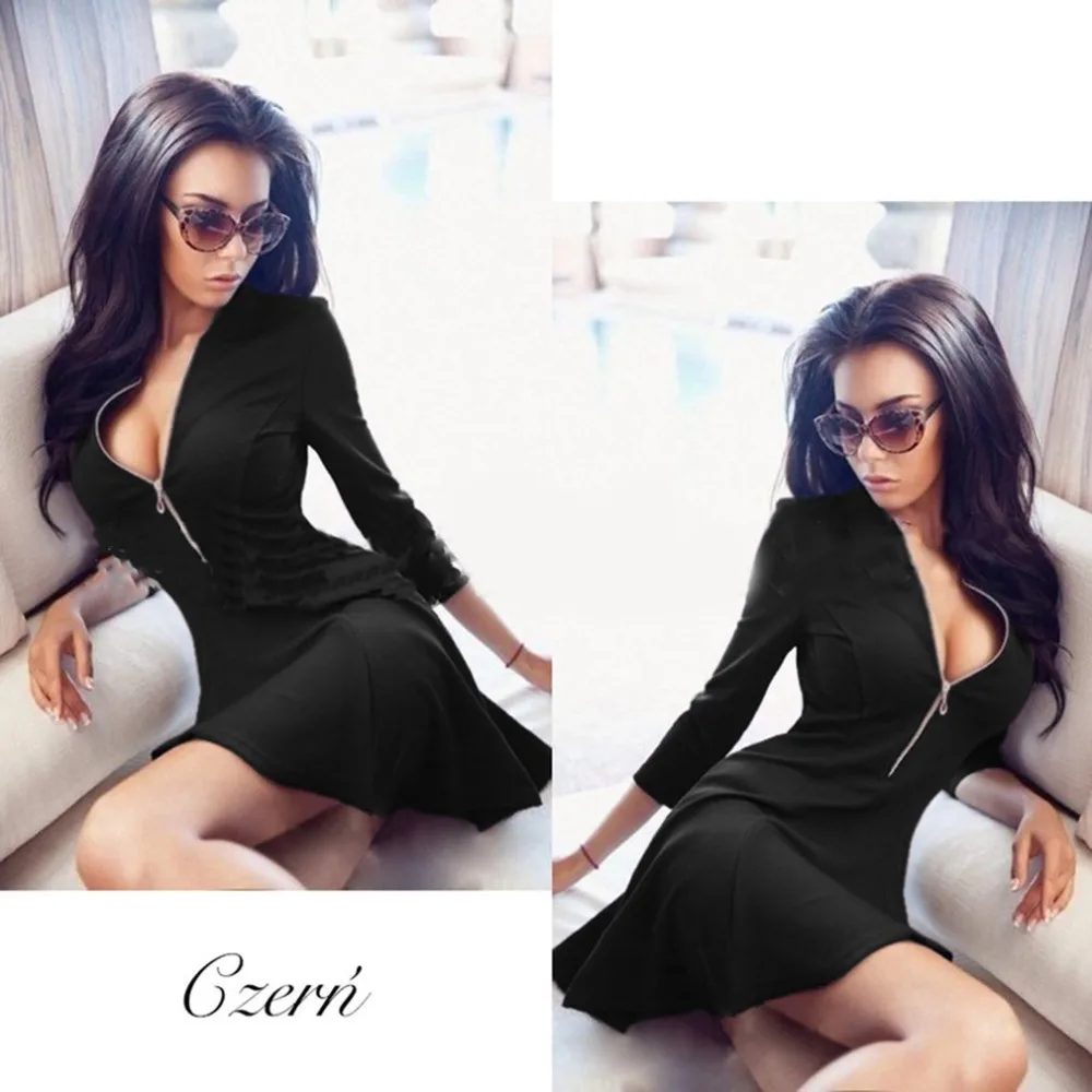 

Sexy Women Deep V-neck Dress Long Sleeve Zippered Mini Vestido Lady's Slim Bodycon Exposed Chest Middle Waist Casual Dress Femme