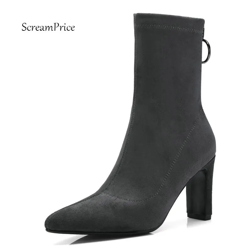 

Women Suede Square Heel Ankle Boots Fashion Zipper Bootie Female Pointed Toe Fall Winter Shoes Black Gray Khaki
