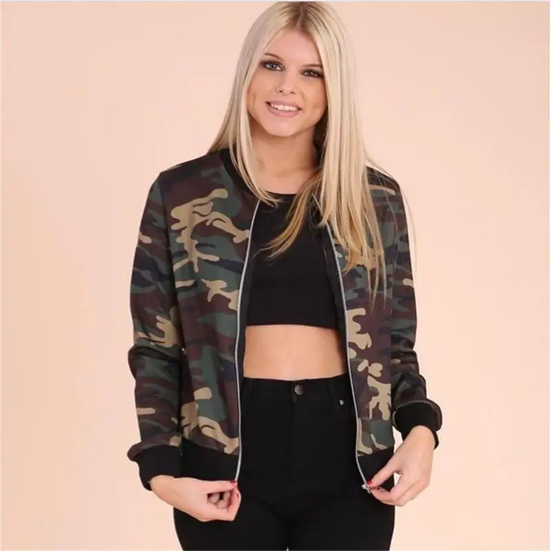 Autumn Women Basic Bomber Jackets Long Sleeve Slim Camouflage Casual Short Outwear Camo Jacket 