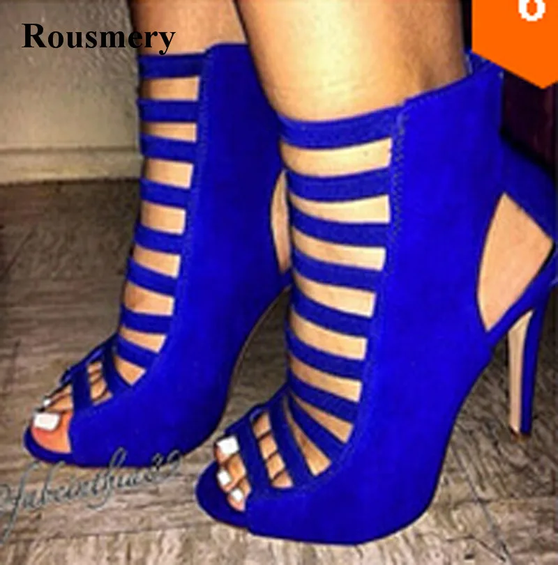 Women Fashion Open Toe Blue Suede Leather Bandage High Heel Sandal Sexy Straps Design Cutout