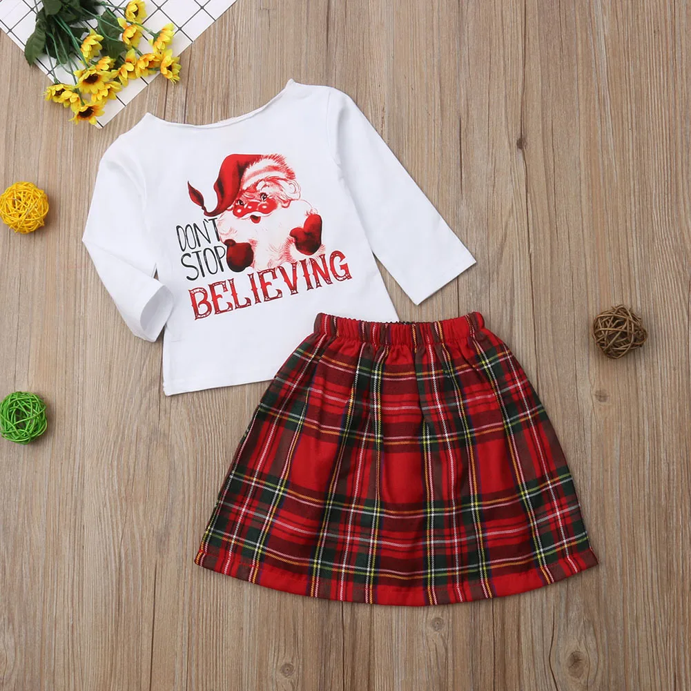 Рождественский костюм феи для маленьких девочек, рождественские топы с Санта-Клаусом, футболка, Топы, юбка, осенний комплект одежды