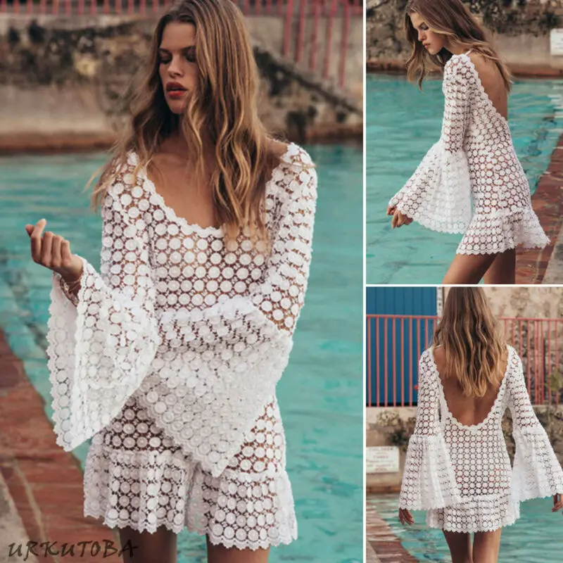 

2019 New Fashion Women Summer White Cover Up Dress Lace Crochet Bikini Swimwear Beach Dress Bathing Suit