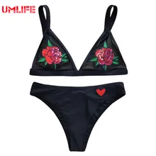 Woman Bandage Bikini 2017 Triangle Bathing Suit Monokini Sexy Rose Embroidery Black Swimsuit Bikini Set Brazilian Mesh Swimwear