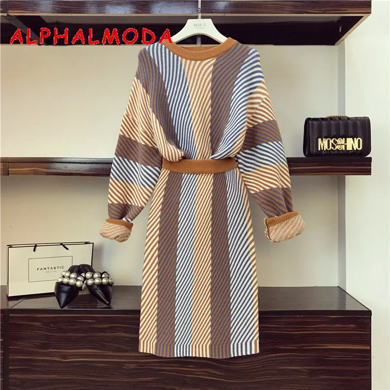 ALPHALMODA Autumn Winter Color Striped Knit Skirt Suit Loose Pullover sweater Back Slit Skirts Women 2pcs Casual Sets