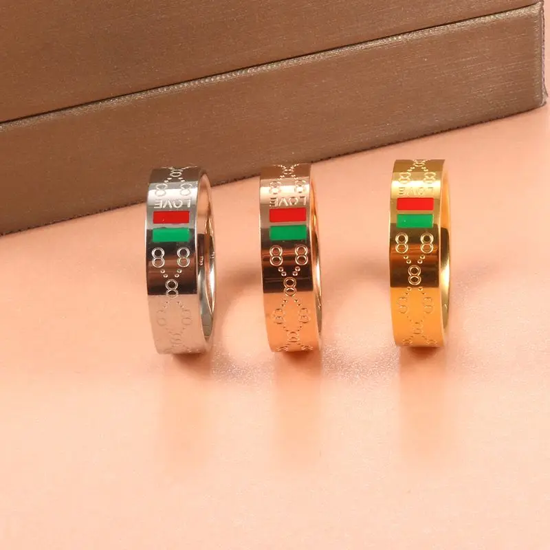 

Luxury Brand Classic Stainless Steel Simple Ring Gold Round Red Green Titanium Ring Jewelry Shiny Star Female Party Wedding Gift