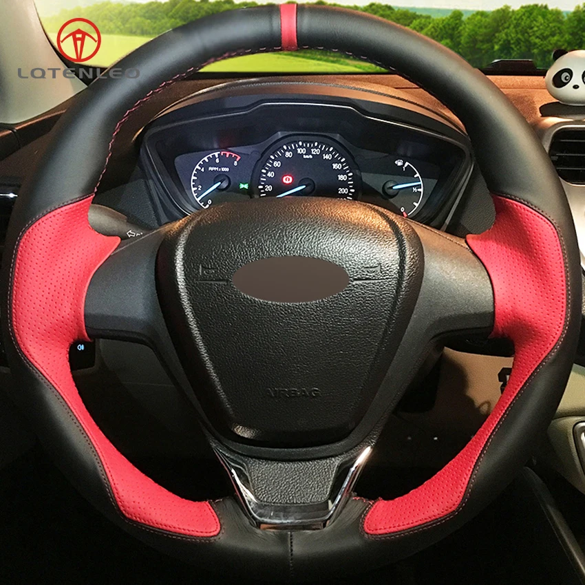 LQTENLEO Black Red Leather Car Steering Wheel Cover for Ford Fiesta