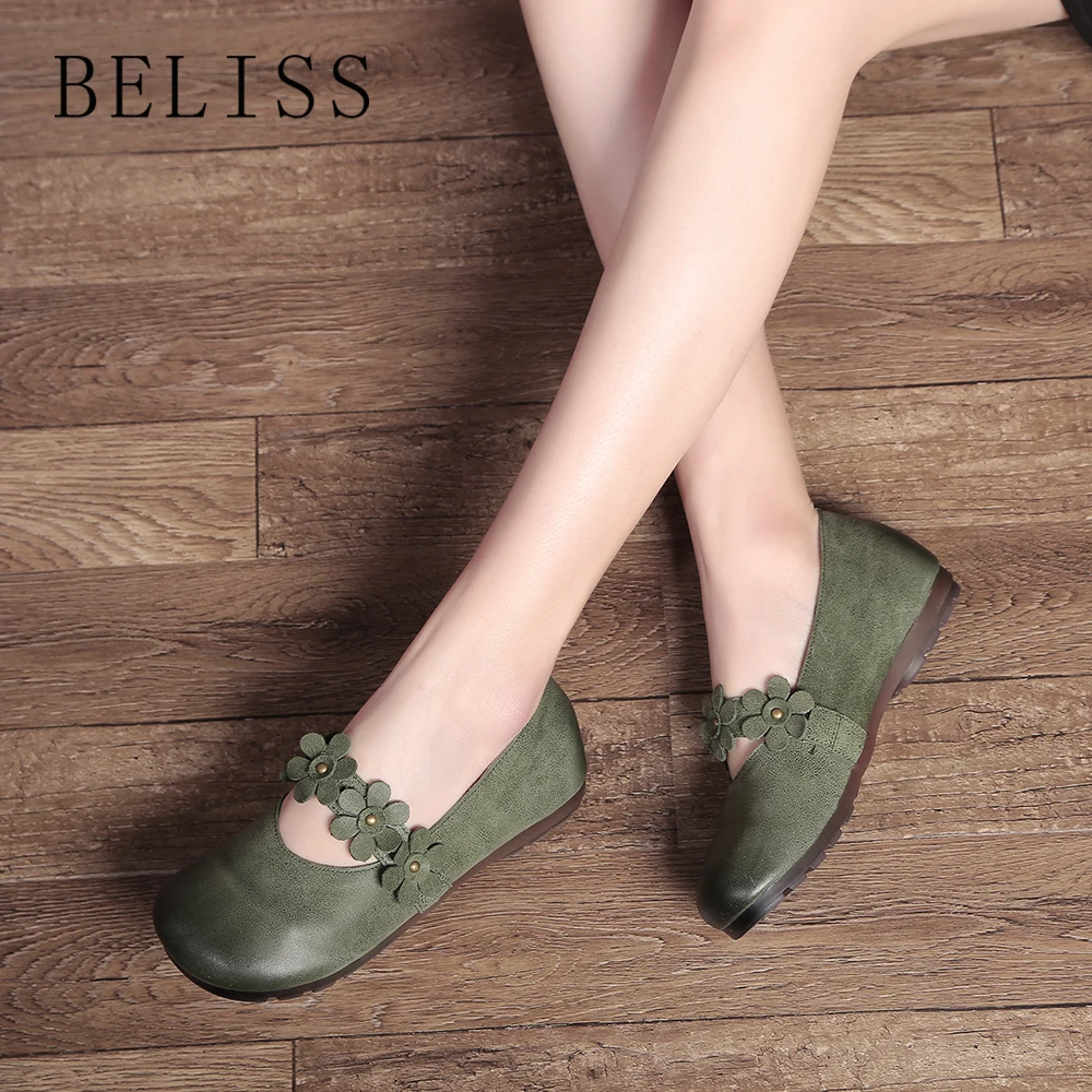

BELISS fashion women's casual shoes high quality soft leather shoes female round head flower rivet flat shoes women's shoes P10