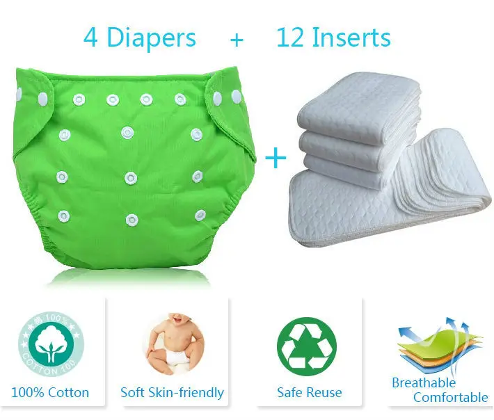 4 Diapers +12 Inserts Baby Newborn Adjustable reusable nappies Nappy