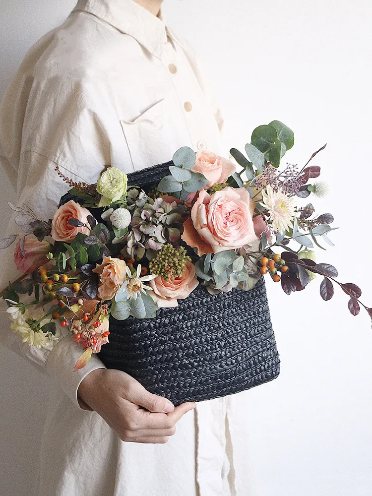 

15*21cm Straw Flower Box with Lid Hug Bucket Wedding DIY Paper Gift Box Bag Package Birthday Party Decor
