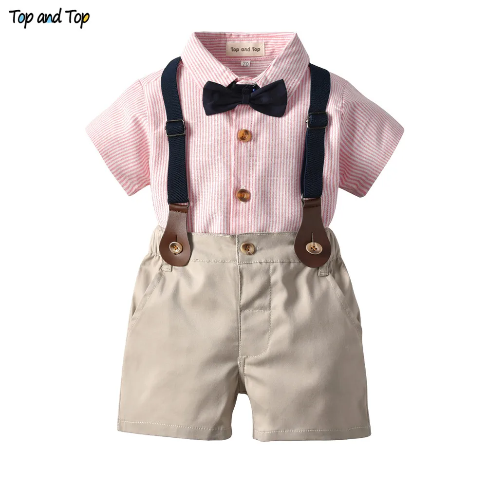 

Top and Top Summer Infant Baby Boy Casual Gentleman Short Sleeve Striped Bow Tie Shirt+Overalls Shorts 2Pcs Outfits Clothes Set