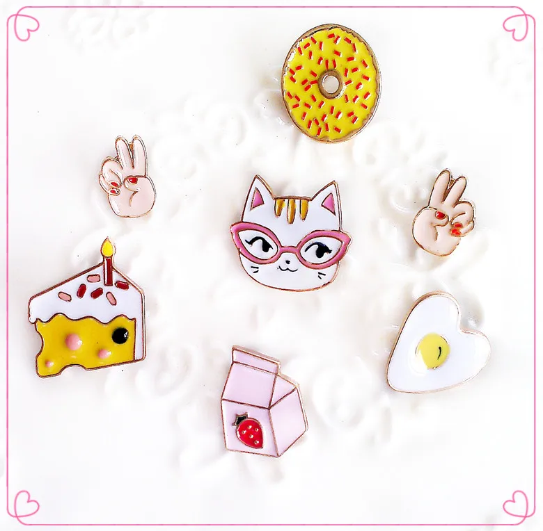 

Fashion jewelry Cat Kitty Doughnut Cake Milk Egg Hands Cute Metal Brooch Pin Button Pin Wholesale