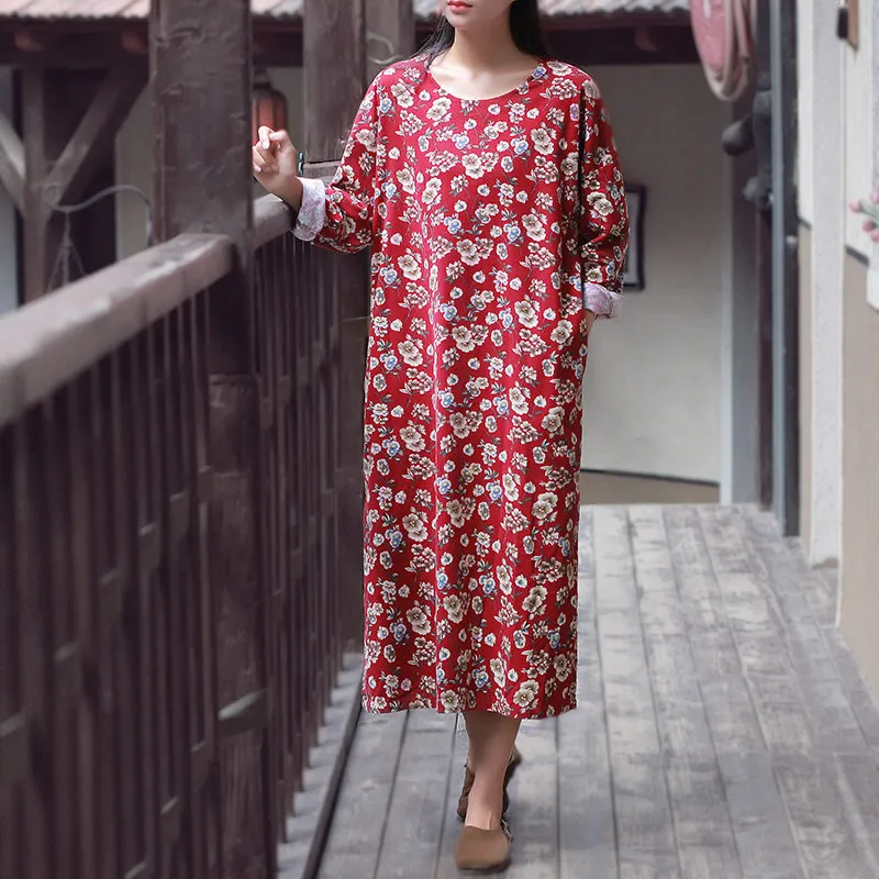 Flower print Cotton Long sleeve Women Dress Autumn Loose Causal Blue