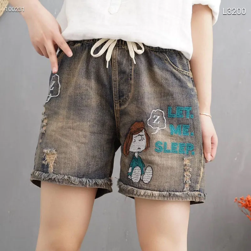 

QPFJQD Ladies Cartoon Embroidered Denim Shorts Women Holes Elastic High Waist Cotton Short Jeans Trousers Feminino Thin