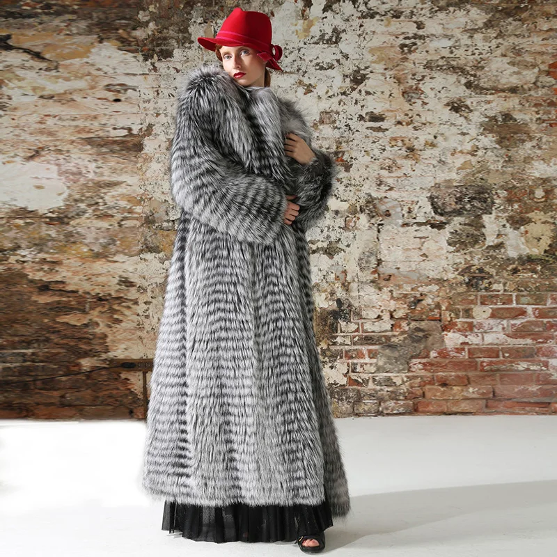 Новинка, модная повседневная женская куртка из натурального меха серебристой лисы с круглым вырезом, роскошное зимнее пальто с мехом размера плюс
