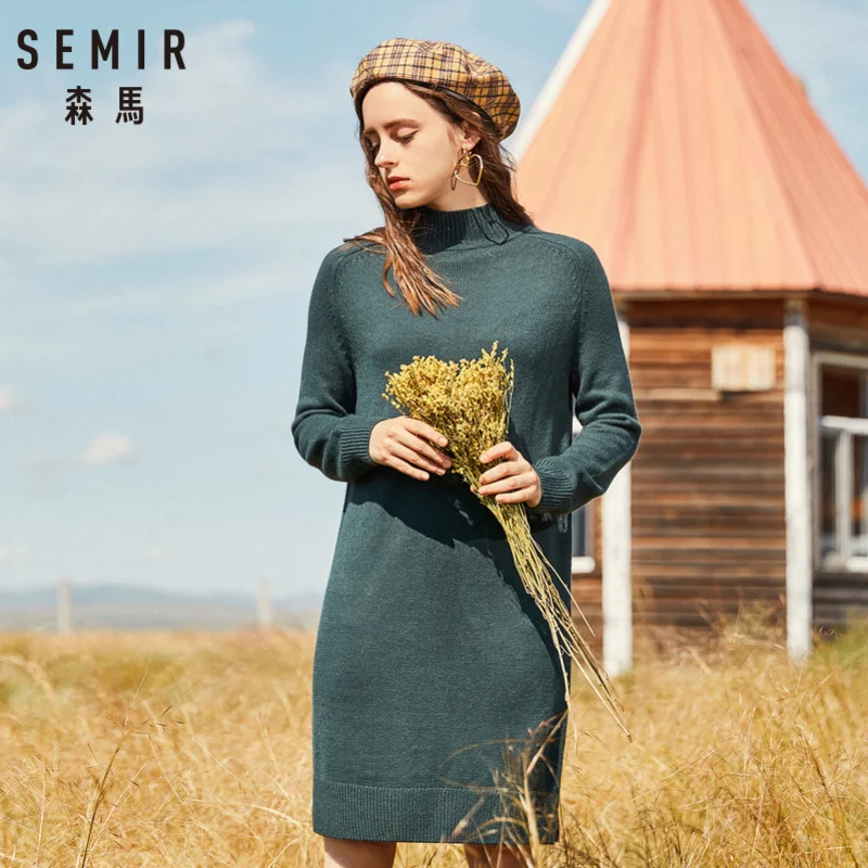 SEMIR Для женщин Wool-Blend Mock-Свитер с воротником платье в рубчик Для женщин платье в рубчик с длинными рукавами реглан разрезы на подоле