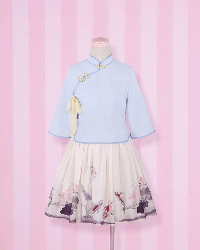 

Daily Wear Lolita Chinese Tradition Style Koi Printing Minguo Vintage Suit Shirt+Skirt 2pcs Set