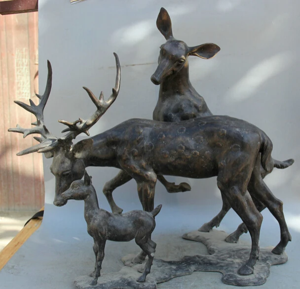 

JP S0524 26" Chinese Bronze animal fortunate mother and son sika deer sculpture Statue