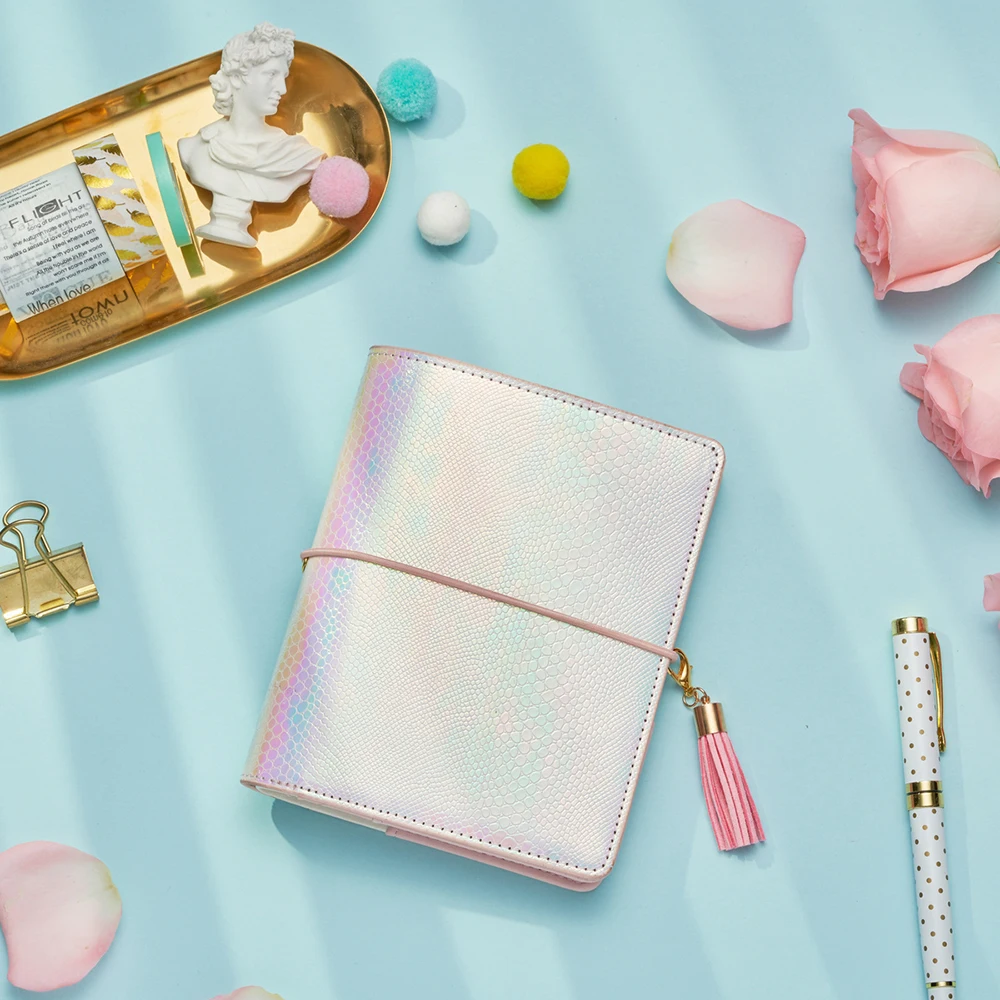 

Lovedoki New Laser Fantasy Color Notebook A7 6 Holes Spiral Planner with Large Wallet Personal Portable Diary Girls Stationery