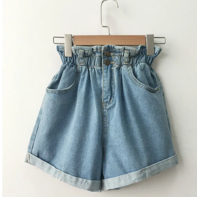 

2019 Summer High Waist Denim Shorts Women Casual Loose Ladies Fashion Roll Up Hem Elastic Waist Pocket Blue White Jeans Female