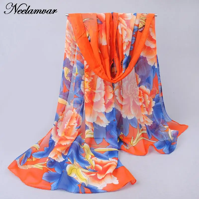 

2019 new fashion chiffon scarf women shawl silk scarves Spring and autumn Peony flower leaves pattern scarves wholesale cachecol