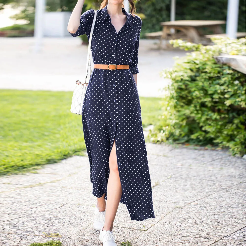 

2019 Womens Dot Printed Long Sleeve With Pockets Long Dress 3.7
